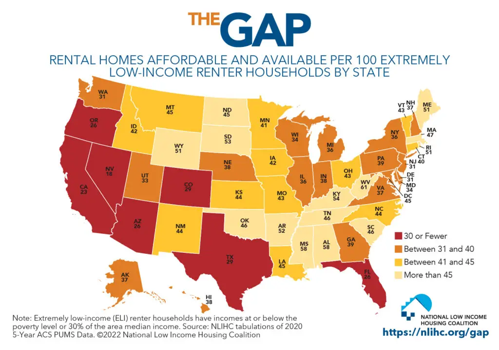 Map of Affordable and Available Rental Homes per 100 Extremely Low Income Renter Households - National Low Income Housing Coalition
