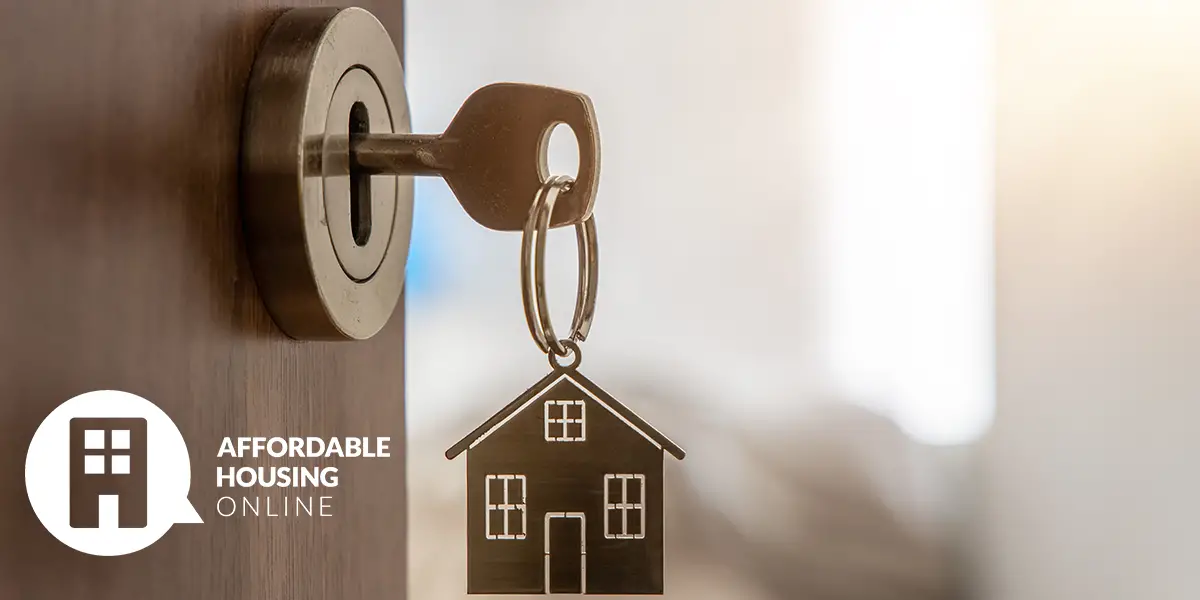 Section 8 Waiting List Announcements Banner image for the week of April 24, 2023 - Affordable Housing Online. Photo of a key inserted into an open apartment door, with the Affordable Housing Online logo.