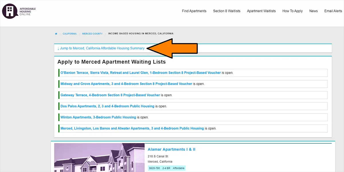 Screenshot of Affordable Housing Online page for Merced, California. Select the "Jump to Affordable Housing Summary" link at the top of the page.
